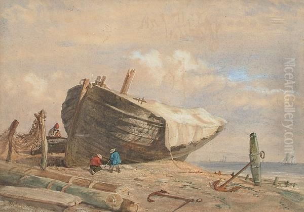 Mending The Boat. Oil Painting by Samuel Prout