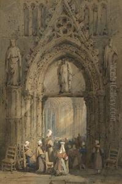 Glaubige In Einer Gotischen
 Kirche Oil Painting by Samuel Prout