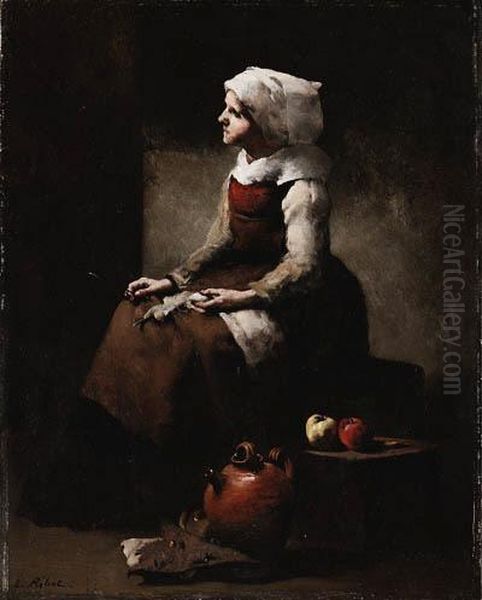 La Tricoteuse (the Knitter) Oil Painting by Theodule Augustine Ribot