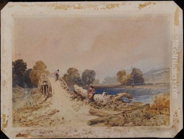 A Rustic Bridge With Two Figures Oil Painting by Thomas Miles Richardson