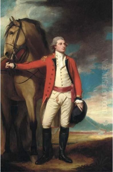 Portrait Of Major James Hartley,
 Full-length, In Uniform, Holdinghis Horse, A Formation Of Soldiers Near
 A Mountain Beyond Oil Painting by George Romney