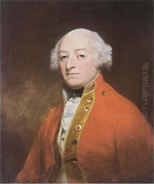 A Portrait Of Colonel Batheston,
 Half-length, Wearing A Red Overcoat With A White Chemise Oil Painting by George Romney