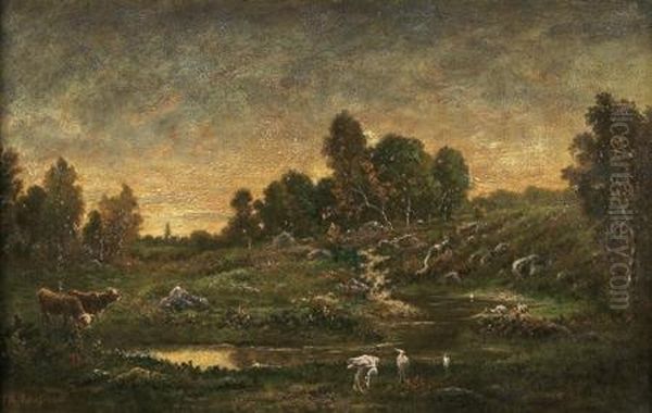 La Mare Aux Herons Oil Painting by Theodore Rousseau