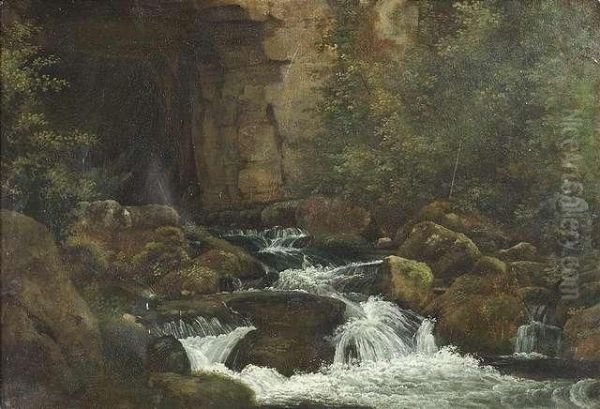 Theodore . Water Cascade In A Rocky Landscape Oil Painting by Theodore Rousseau