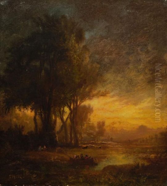 Flusslandschaft Im Abendlicht. Oil Painting by Theodore Rousseau