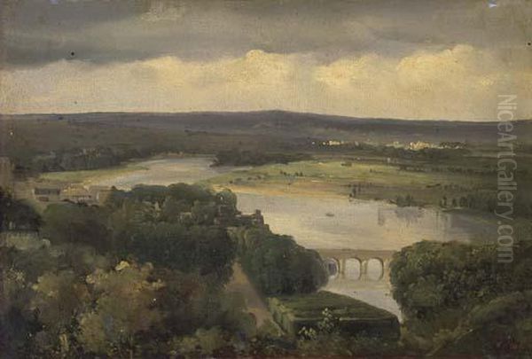 Vue D'un Pont Pres De Paris Oil Painting by Theodore Rousseau