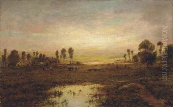 Coucher Du Soleil Dans Un Champ Oil Painting by Theodore Rousseau