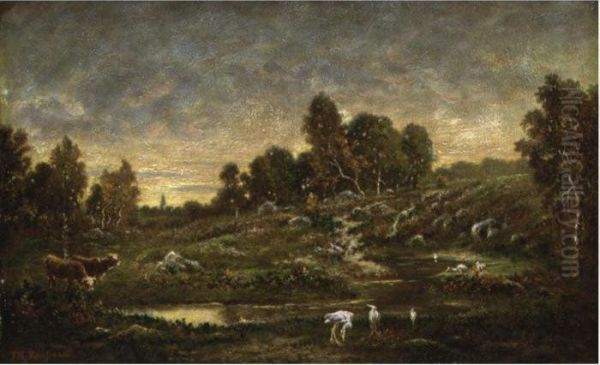 La Mare Aux Herons Oil Painting by Theodore Rousseau