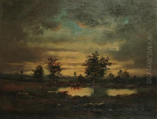 A Landscape At Dusk With Horses Drinking From A Lake Oil Painting by Theodore Rousseau