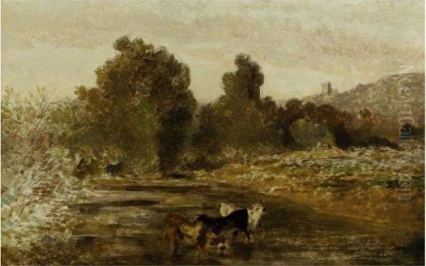 Grazing At The Water's Edge Oil Painting by Theodore Rousseau