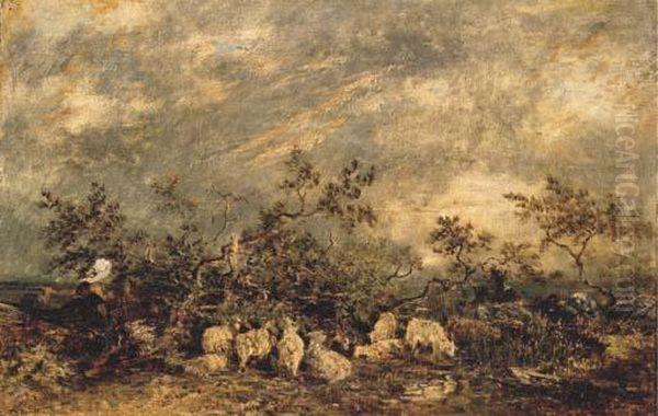 Soleil Couchant Dans La Plaine De Barbizon Oil Painting by Theodore Rousseau