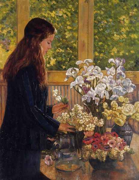 Young Girl with a Vase of Flowers Oil Painting by Theo van Rysselberghe