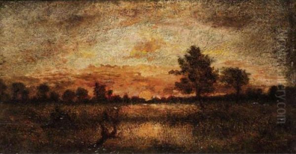 Sunset Oil Painting by Theodore Rousseau