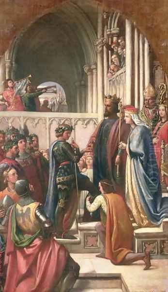 Edward III Conferring the Order of the Garter of Edward the Black Prince, 1847 Oil Painting by Charles West Cope