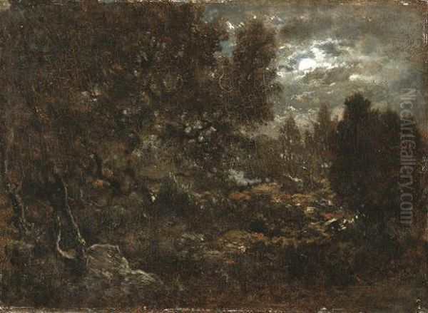 Clairiere De Foret, Clair De Lune
Signed 'th Rousseau' Oil Painting by Theodore Rousseau