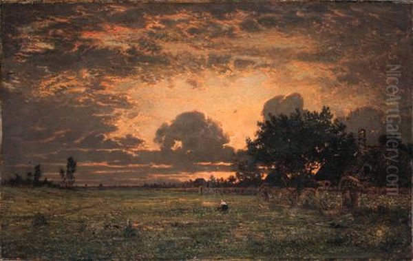 Sunset Over The Plain Of Barbizon Oil Painting by Theodore Rousseau