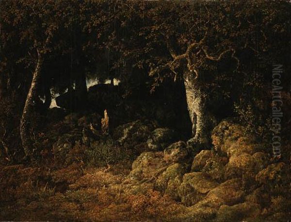 Le Chne De Roche, Fort De Fontainebleau Oil Painting by Theodore Rousseau