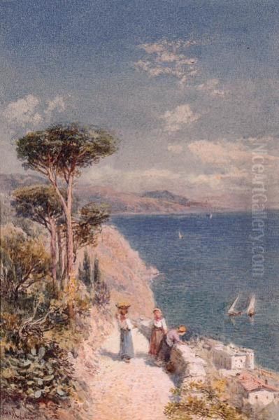 Figures On A Cliff Path, Near Positano, Bay Of Naples Oil Painting by Charles Rowbotham