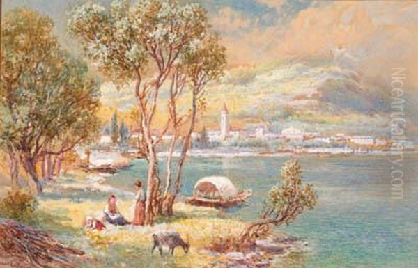 Figures And A Goat Beside The 
Edge Of A Lake; And Figures In Arowing Boat Beside The Shore Oil Painting by Charles Rowbotham