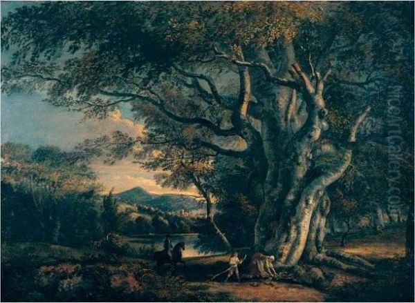 A Wooded Landscape With An Ancient Beech Tree, Ahuntsman And Mountains Beyond Oil Painting by Paul Sandby