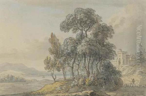 A Shepherd Driving His Flock Before A Scottish Castle Oil Painting by Paul Sandby