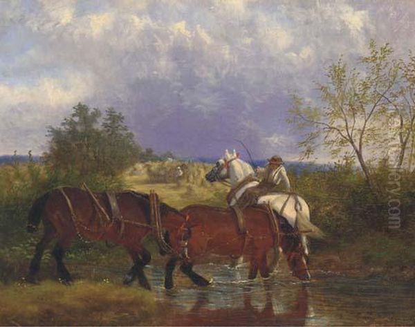 Work Horses Drinking From A Brook Oil Painting by William Joseph Shayer