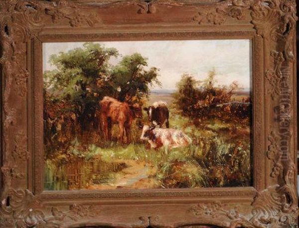 Three Calves By A Pool Oil Painting by John Falconar Slater