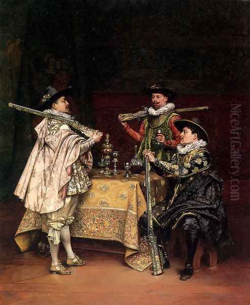 Discussing The Day's Shoot Oil Painting by Adolphe-Alexandre Lesrel