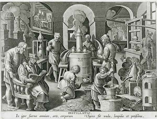 Distillation, boiling water to purify it, engraved by Philip Galle 1537-1612 2 Oil Painting by Giovanni Stradano