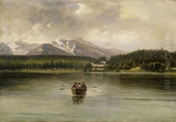 Rowers On The Lakeside, With Snowy Mountain Peaks In The Background Oil Painting by Karoly Telepy