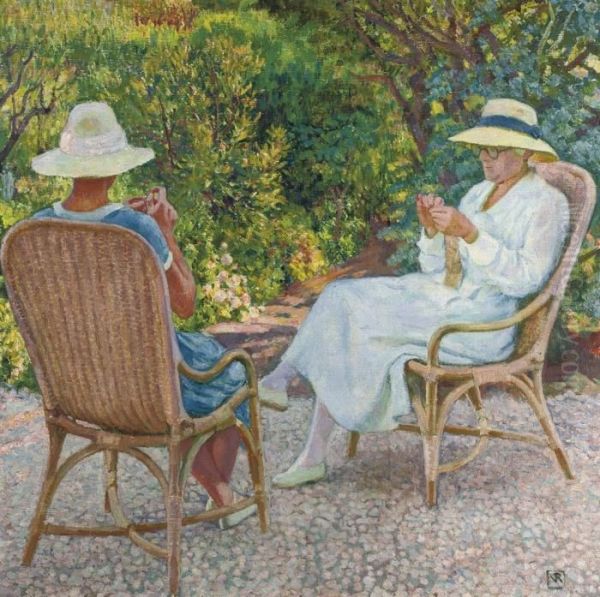 Maria Et Elisabeth Van Rysselberghe Tricotant Au Jardin Oil Painting by Theo van Rysselberghe