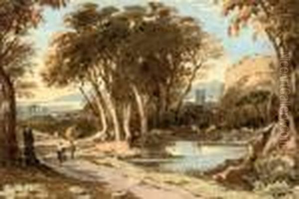 Travellers In An Extensive Landscape Oil Painting by John Varley