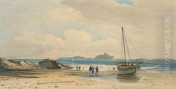 Figures On The Shore With Bamburgh Castle Beyond, Northumberland Oil Painting by John Varley