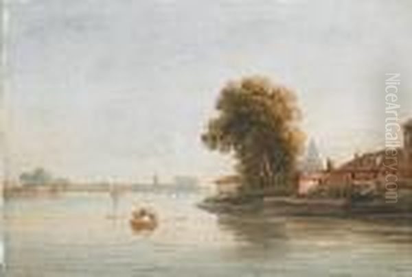 The River Thames At Battersea With St Mary's Church In The Distance Oil Painting by John Varley