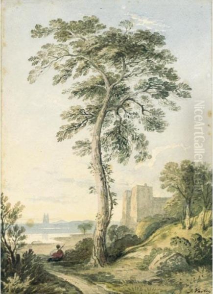 Landscape With Large Tree And A Castle In The Distance Oil Painting by John Varley