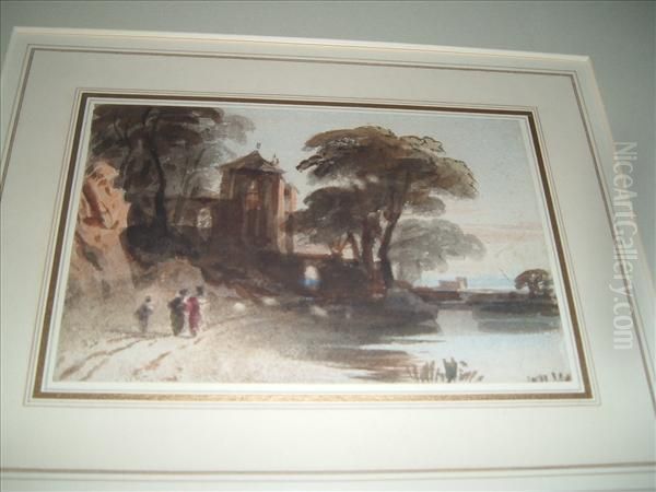 Figures Near Ariverside House Oil Painting by John Varley