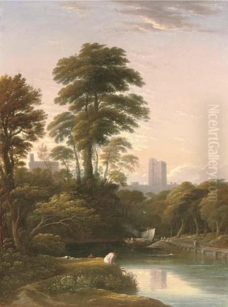 The Bank Of The Thames With Figures In The Foreground And Windsorcastle Beyond Oil Painting by John Varley