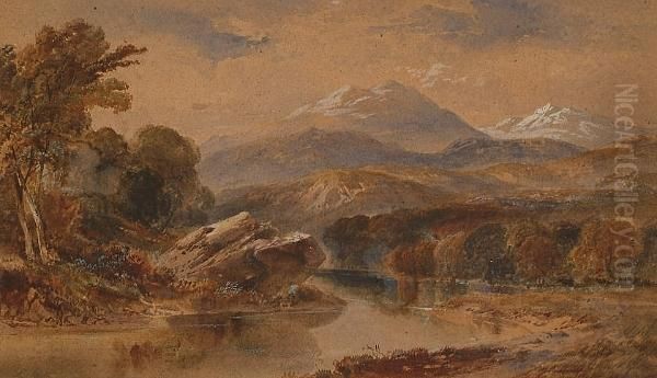 A River Landscape With Snow Capped Mountains Beyond. Oil Painting by John Varley