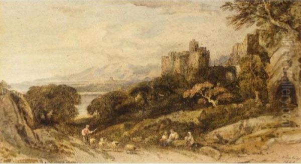 Shepherd On A Path Near A Castle Oil Painting by John Varley