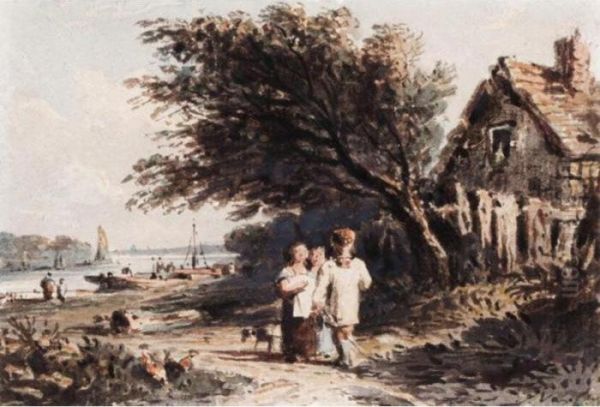 Figures On A Path By The Thames Oil Painting by John Varley