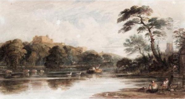 Figures On The Bank Of The Thames With A Castle On A Hill Top Beyond Oil Painting by John Varley