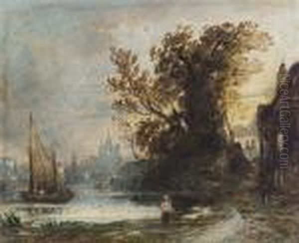 The Thames At Chiswick With The Church Of St. Nicholas On The Horizon Oil Painting by John Varley