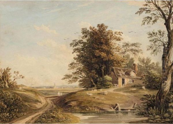 Sheep Grazing By A Cottage, A Church In The Distance Oil Painting by John Varley