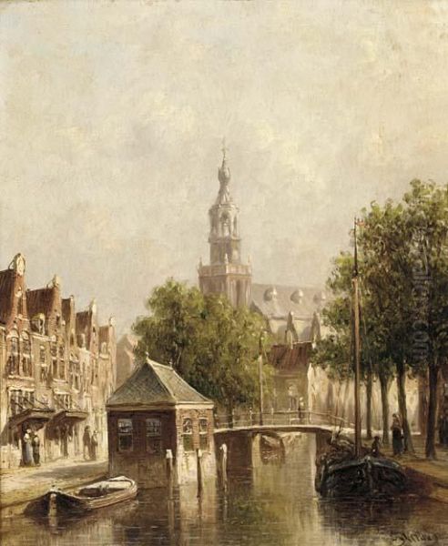 Barges On A Canal With A Church Beyond Oil Painting by Pieter Gerard Vertin