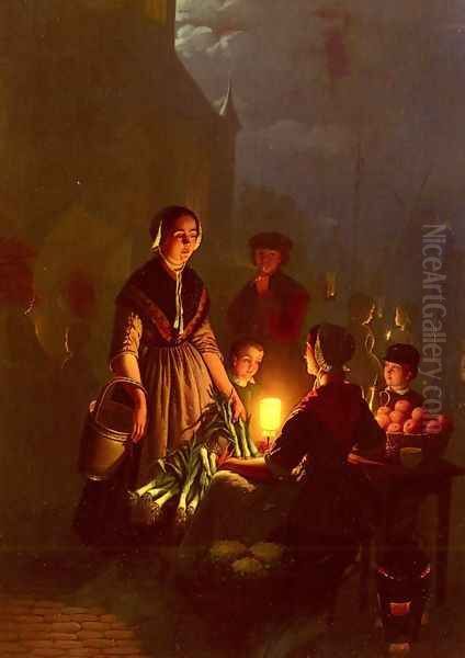 The Evening Market Oil Painting by Petrus van Schendel