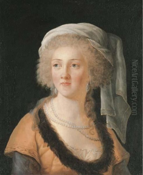 Portrait Of A Lady, Bust-length,
 In A Fur-lined Orange Dress, With A Pearl Necklace And A White Turban Oil Painting by Elisabeth Vigee-Lebrun