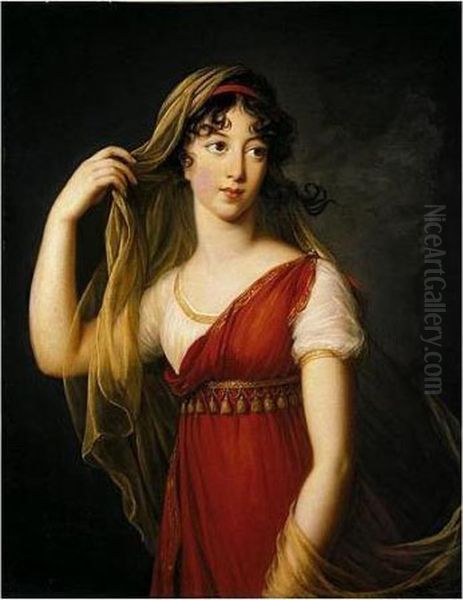 Portrait Of A Young Lady, 
Possibly The Hon. Charlotte Dillon, Three-quarter Length Standing, 
Dressed In Imperial Style With A Red Stole And A Veil Oil Painting by Elisabeth Vigee-Lebrun