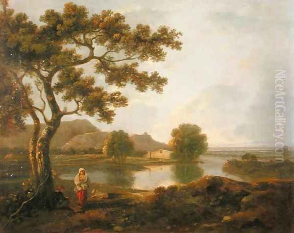 River Scene with a Farmhouse Oil Painting by Richard Wilson