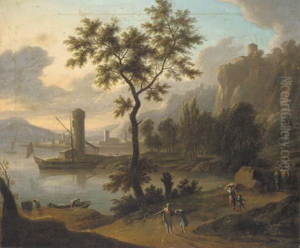 A Coastal Landscape With Travellers On A Path Oil Painting by Johann Christian Vollerdt or Vollaert