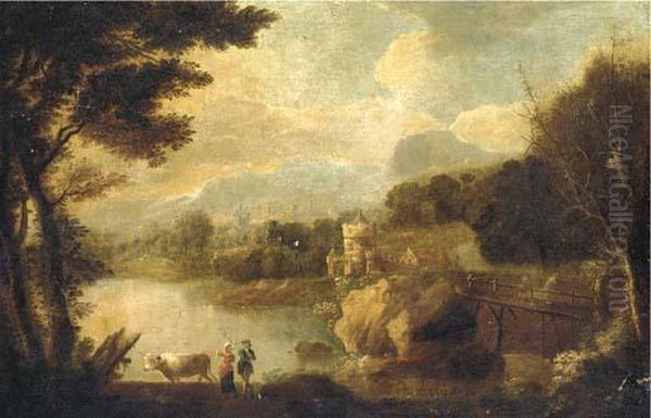 An Italianate Landscape With Figures And Cattle By A River, A Castle Beyond Oil Painting by Johann Christian Vollerdt or Vollaert